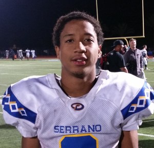 Phelan Serrano senior Sultaan Sullivan totaled four TDs vs. Norco in Week 5. / Photo by DENNIS POPE