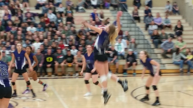 Woodcrest Christian junior Tesa Oaks rises to the ball vs. Templeton in a CIF-SS Division 3A semifinal on Tuesday, Nov. 17, 2015.