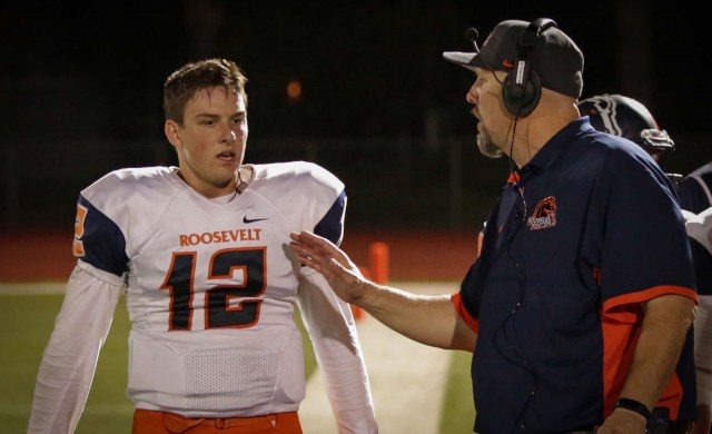 Eastvale Roosevelt senior QB Andrew LaBruna (left) and head coach Tony Barile finished the '15 regular season with a 27-24 win. / Photo for RooseveltFootball.net