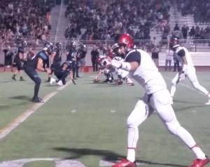 Murrieta Valley receiver Marquis Spiker points to the sideline referee on Friday, Aug. 26, 2016.